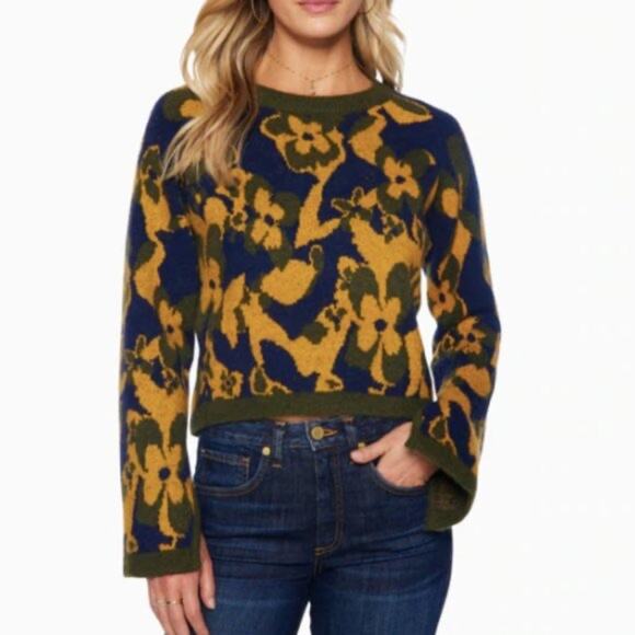 RAMY BROOK Sandi Jacquard Knit Floral Sweater Blue and Gold Size Large - Picture 1 of 10